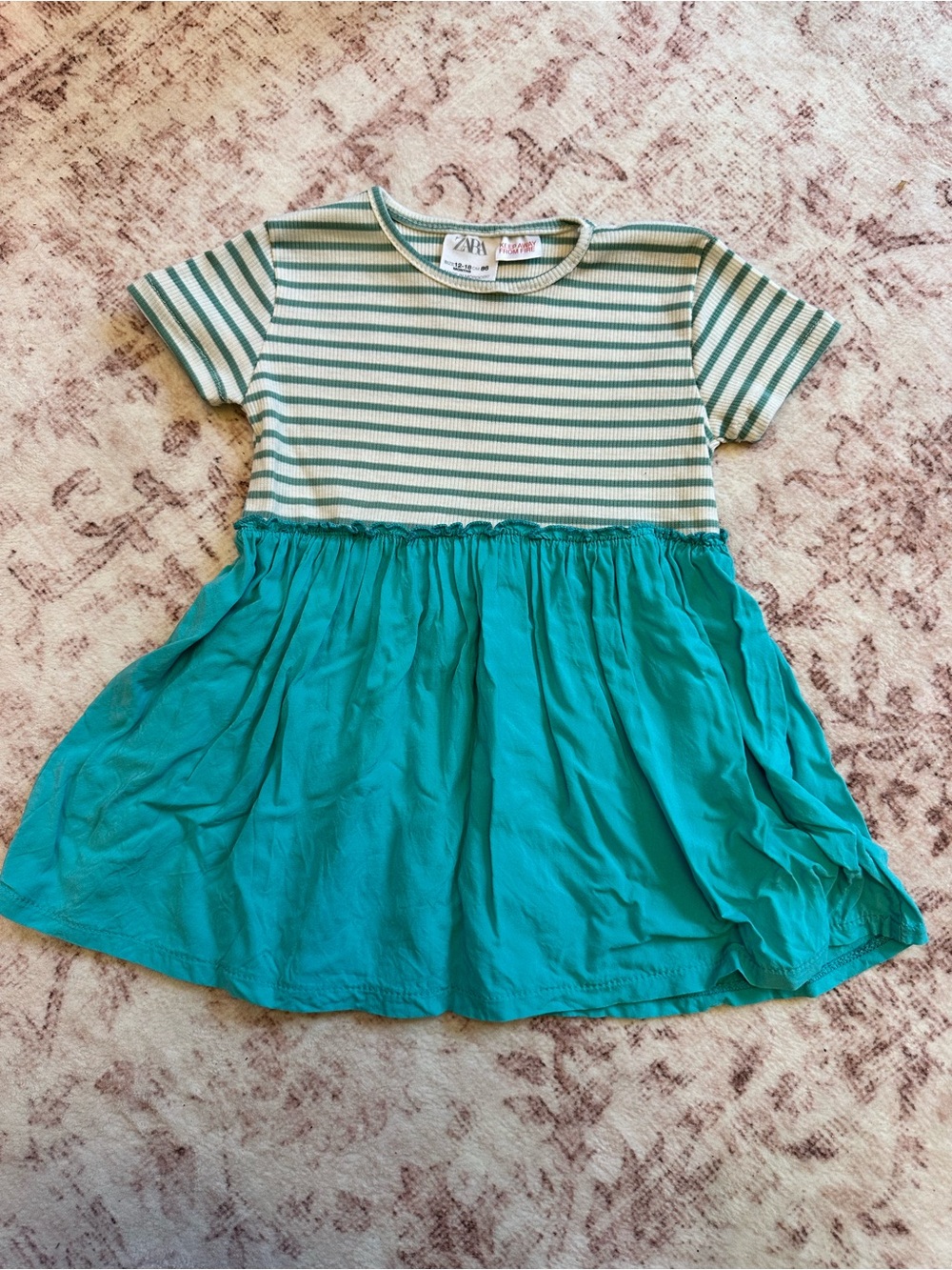 Zara Baby Green Striped & Teal Dropped-Waist Dress – Size 12-18 Months (86 cm)